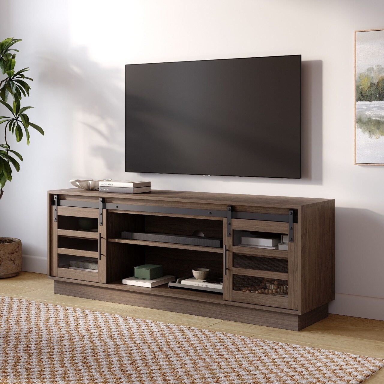 Stead TV Console - 58" W, Driftwood - Farmhouse TV Stand with Sliding Barn Doors & Adjustable Shelves - Sliding Barn Door Console & Customizable Entertainment Center Fits 32-65" Televisions